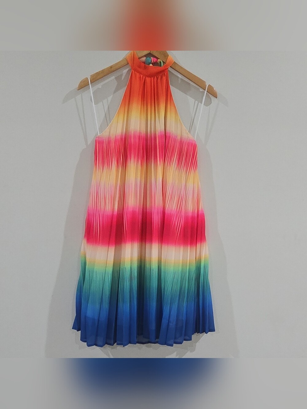 Summer Jealous Tomato Sz L Rainbow Ombre Pleated Backless Halter Whimsical Dress